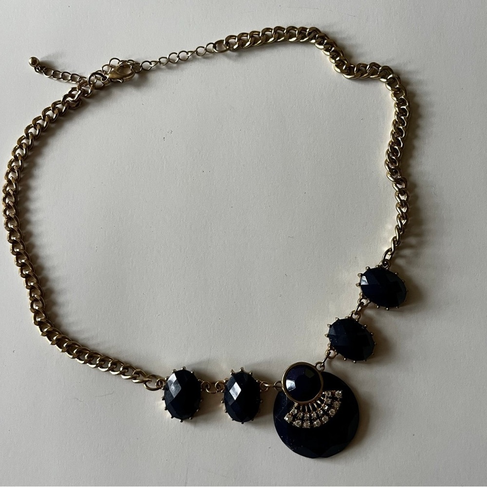 Vintage Facet Cut Navy Blue/Rhinestone Goldtone necklace